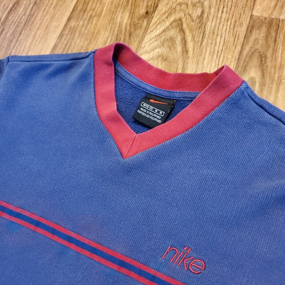 Vtg‎ Nike Sweatshirt Boys Medium 10/12 Blue V-Neck Stripe Pullover Fleece Y2K